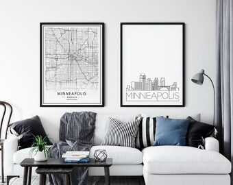 Minneapolis Print Set of 2, Minneapolis Skyline Print, Minneapolis Map Print, Minnesota Wall Art, Minneapolis City Poster, INSTANT DOWNLOAD