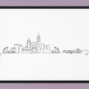 Impressão do horizonte de Marselha, decoração para impressão da França, impressão em linha de caneta de Marselha, arte de parede minimalista, pôster de marco de silhueta, DOWNLOAD INSTANTÂNEO