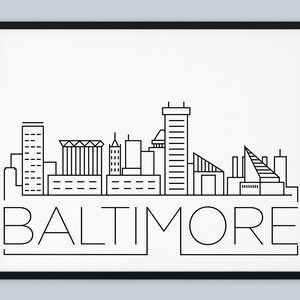 May include: Black and white line art illustration of the Baltimore skyline. The illustration features several buildings, including the Baltimore Inner Harbour, the Baltimore Convention Centre, and the Baltimore World Trade Centre. The text "BALTIMORE" is written below the skyline.