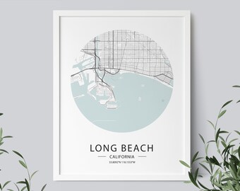Stampa artistica della mappa di Long Beach, California (download immediato)