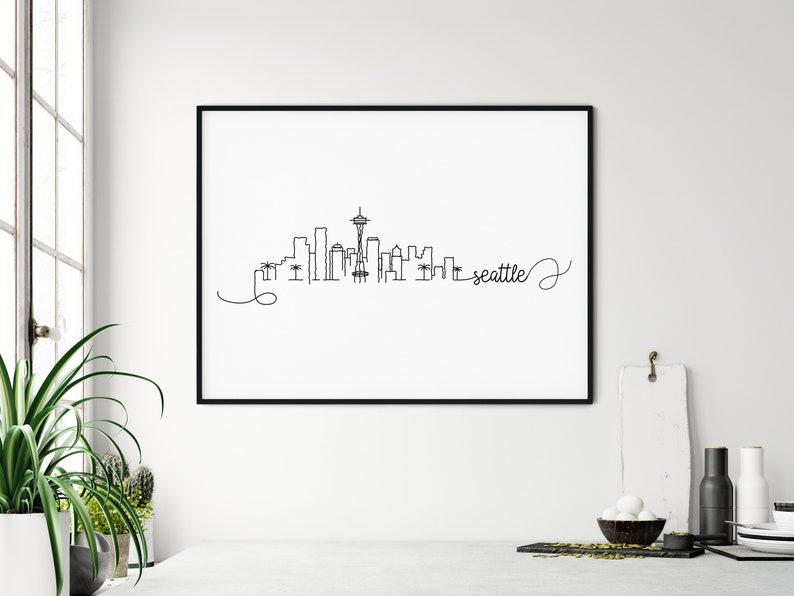 INSTANT DOWNLOAD Silhouette Landmark Poster Washington Printable Decor Seattle Pen Line Print Seattle Skyline Print Minimalist Wall Art