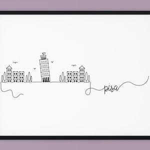 Può includere: Un disegno in bianco e nero della Torre Pendente di Pisa e degli edifici circostanti. Il disegno è in uno stile semplice e minimalista. Il testo "pisa" è scritto in corsivo sotto il disegno.