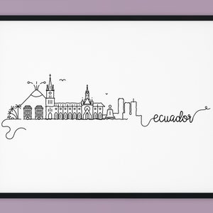 Puede incluir: Un dibujo en blanco y negro de la línea del horizonte de Quito, que incluye la Basílica del Voto Nacional, el Panecillo y la palabra "Ecuador" en cursiva.