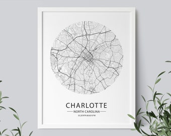 Wydruk artystyczny mapy Charlotte w Karolinie Północnej (natychmiastowe pobranie)