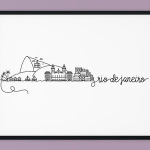 Impresión del horizonte de Río de Janeiro, decoración imprimible de Brasil, impresión de la línea de la pluma de Río de Janeiro, cartel de la silueta, arte minimalista, descarga instantánea