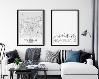 New Orleans Print Set of 2, New Orleans Skyline Print, New Orleans Map Printable, Louisiana Wall Art, New Orleans Poster, INSTANT DOWNLOAD