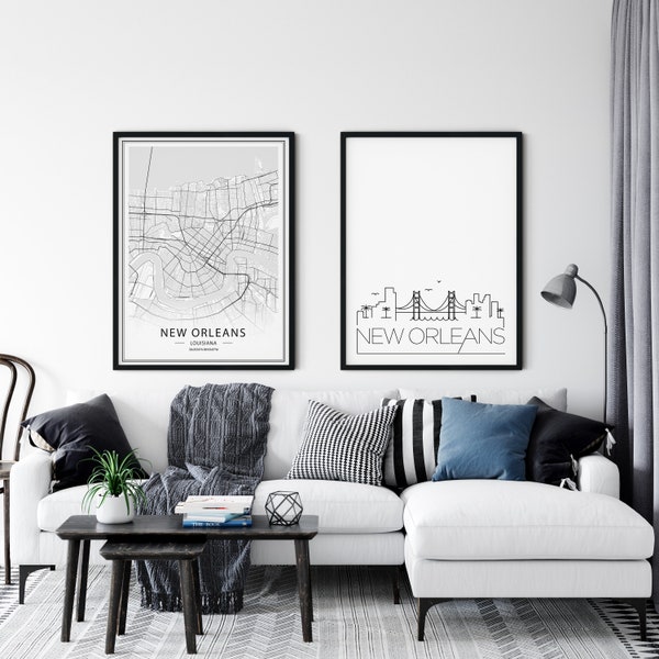 New Orleans Print Set of 2, New Orleans Skyline Print, New Orleans Map Printable, Louisiana Wall Art, New Orleans Poster, INSTANT DOWNLOAD