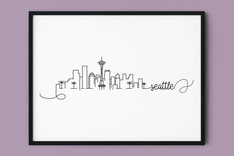 INSTANT DOWNLOAD Silhouette Landmark Poster Washington Printable Decor Seattle Pen Line Print Seattle Skyline Print Minimalist Wall Art