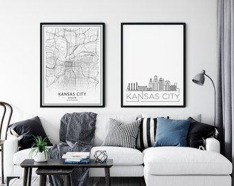 Kansas City Poster Set: Skyline & Karte, Missouri Wandkunst (Instant Download)