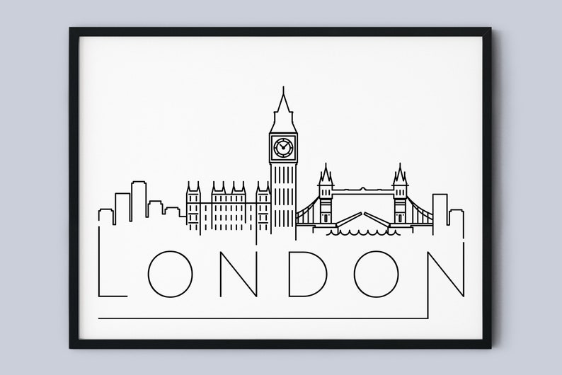 May include: Black and white line art illustration of the London skyline, featuring Big Ben, the Houses of Parliament, and Tower Bridge. The word "LONDON" is written below the skyline.