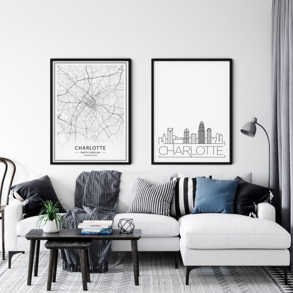 Charlotte Print Set of 2, Charlotte Skyline Print, Charlotte Map Printable, North Carolina Wall Art, Charlotte City Poster, INSTANT DOWNLOAD