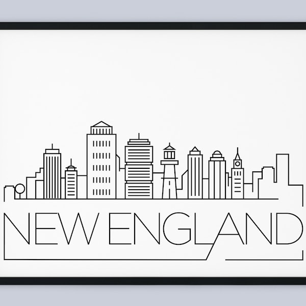 New England Skyline Print, New England Black White Wall Art, New England Printable, New England Print, Landmark Poster Art, INSTANT DOWNLOAD