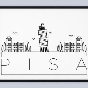 Può includere: Illustrazione in bianco e nero a linee d'arte della Torre Pendente di Pisa in Italia. La torre è inclinata a destra ed è circondata da edifici e alberi. La parola "PISA" è scritta sotto l'illustrazione.
