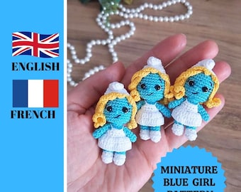 Miniature Blue Girl Amigurumi Doll Pattern- English and French PDF file of crochet tutorial