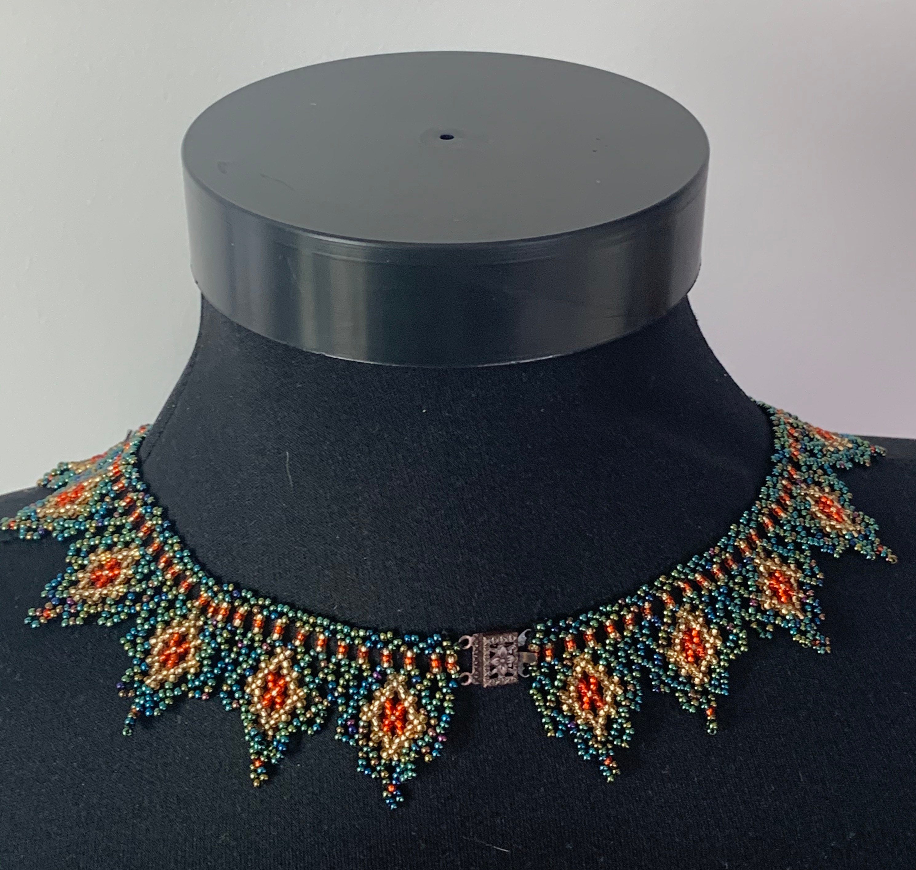 Green Gold Red Seed Bead netted Cleopatra Necklace Seed Bead Etsy