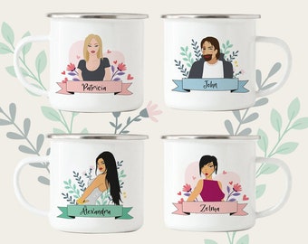 May include: Four white enamel mugs with silver rims. Each mug features a different person with a floral design and a name on a banner. The names are Patricia, John, Alexandra, and Zelina.