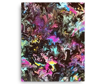 May include: Abstract canvas art with a swirling pattern in shades of black, purple, pink, blue, and yellow. The artwork features a fluid, marbled effect, creating a dynamic and colorful composition. The canvas is stretched and ready to hang.