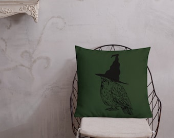 Witchy Owl Throw Pillow | Forest Green Linen Feel Decor