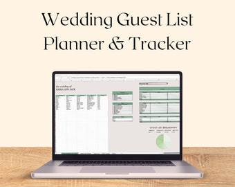 May include: A laptop computer displaying a spreadsheet with the title "Wedding Guest List Planner & Tracker" and the text "the wedding of EMMA AND JACK". The spreadsheet includes columns for guest names, addresses, RSVP status, and other details. A pie chart titled "Guest List Breakdown" is also visible on the screen.