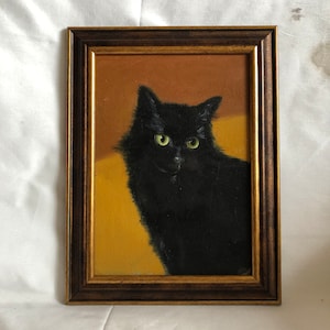 Original Cat Art Oil Painting Black Cat Oil on Canvas Board, Hand Painted Small Artwork Framed Gift Home Decor
