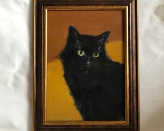 Original Cat Art Oil Painting Black Cat Oil on Canvas Board, Hand Painted Small Artwork Framed Gift Home Decor