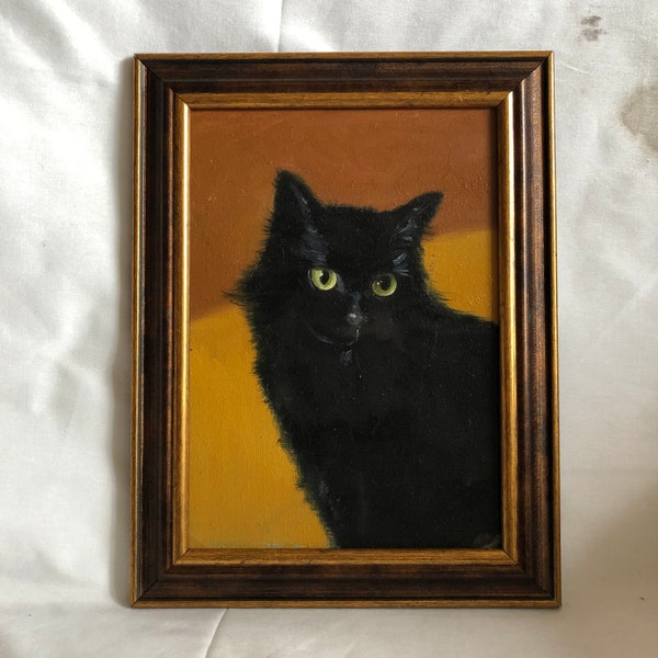 Art original de chat, peinture à l'huile de chat noir, huile sur toile, petite oeuvre d'art peinte à la main encadrée cadeau décoration d'intérieur