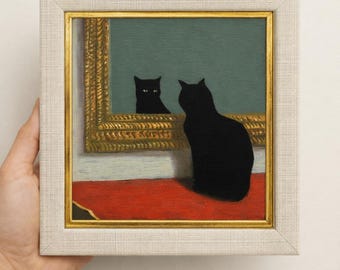 Artwork Black Cat Painting Original Handmade Painting. Canvas Board, Cat Painting Framed 16x15 cm Original