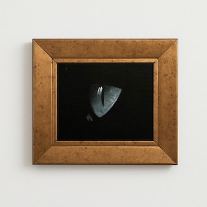 Oeil de chat noir, petite peinture à l'huile originale encadrée faite main sur toile