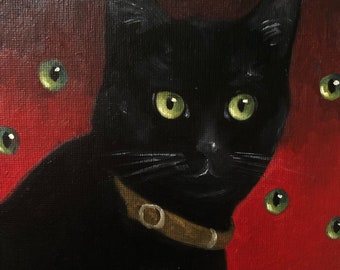 Cat Portrait Oil On Canvas, Original Black Cat Art, Cat Eye, Handmade Hainting 15x21cm