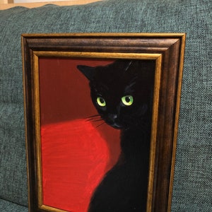 Artwork Black Cat Painting Original  Handmade Painting. Canvas Board, Framed, Cat Painting 15x21 cm Original