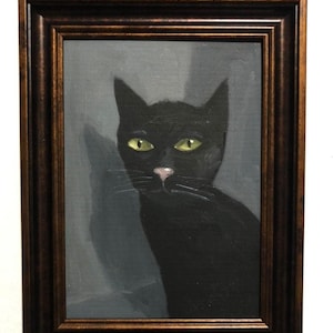 Peinture à l'huile de chat, peinture originale de chat noir Art de chat, portrait d'animal de compagnie, toile peinte à la main, petite toile encadrée