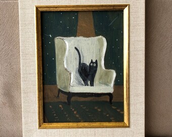 Cat Painting Original Art, Cat On Seat Painting. Stars in Curtain / Green painting