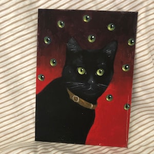 猫の肖像画の油絵、黒猫の目、15 x 21 cm