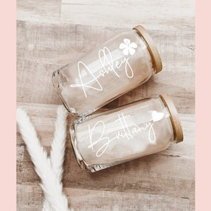 Personalized Iced Coffee Glass Cup | Bridesmaids Proposal Box Gifts | Bachelorette Party Gifts | Glass Can Soda Cup with Lid and Straw
