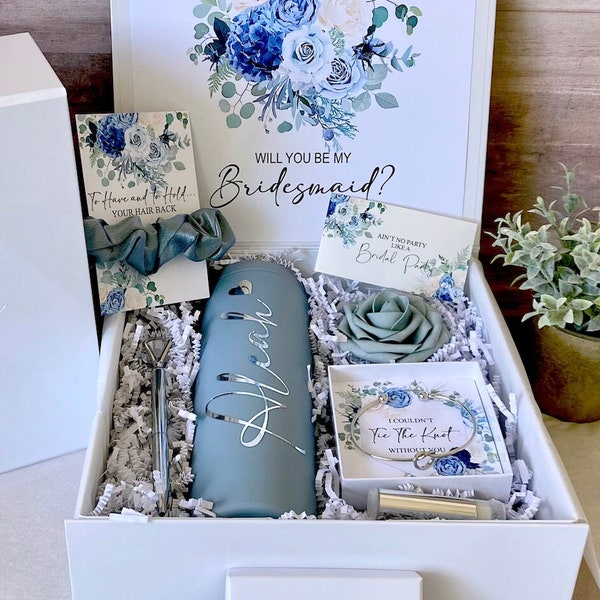 Bridesmaid Proposal Gift Box Set | Personalized Dusty Blue Bridesmaid Gift box | Slate Blue Bridal Shower Gifts |