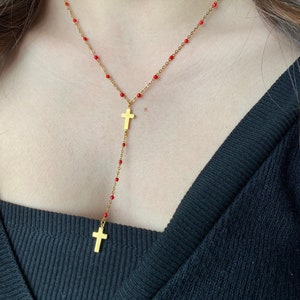 Collier doré perles , collier croix, collier acier inoxydable, cadeau femme image 3