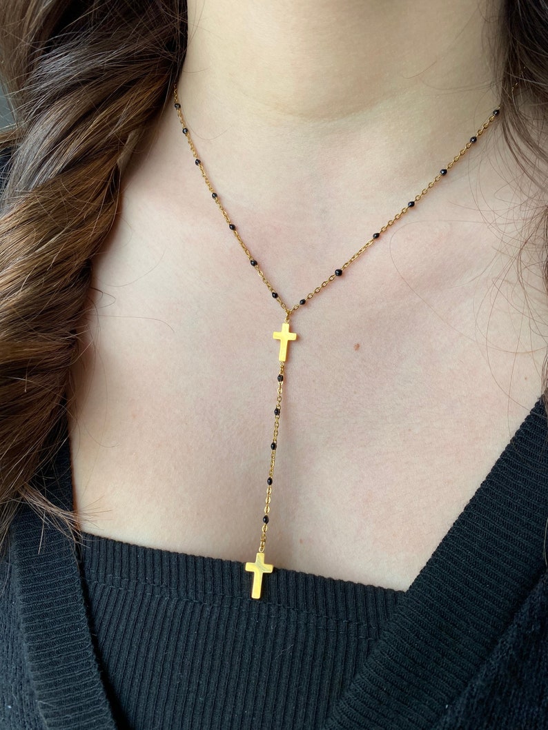 Collier doré perles , collier croix, collier acier inoxydable, cadeau femme image 2