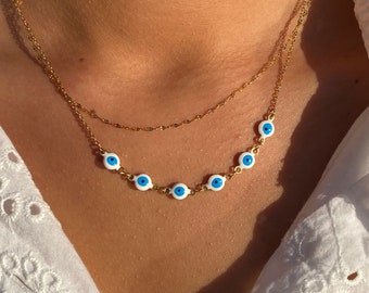 Collier double chaine oeil , collier acier inoxydable, cadeau femme, fête des mères