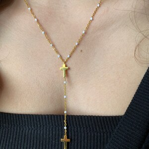 Collier doré perles , collier croix, collier acier inoxydable, cadeau femme image 5