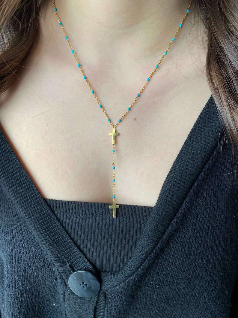 Collier doré perles , collier croix, collier acier inoxydable, cadeau femme image 4