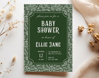 Emerald Green Lace Baby Shower Invitation Template (Digital Download) New Baby Card