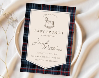 May include: A baby shower invitation with a blue and red plaid background. The invitation features a rocking horse illustration and the text "Join us for a Baby Brunch Celebrating Jonah Matthews August 24, at 4 PM 123 Anywhere St., Any City RSVP to: 123-456-7890"