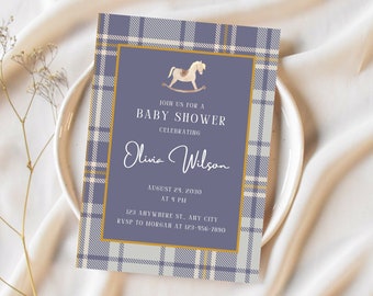 Equestrian Baby Shower Invitation: Blue Plaid, Rocking Horse Design (Digital Download) New Baby Card