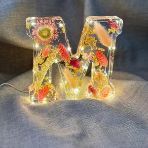 Letra grande de resina con forma de flor iluminada con nombre M, personalizada, hecha a mano, para bodas, cumpleaños, día de la madre, hija, regalo de Navidad, bautizo, decoración del hogar