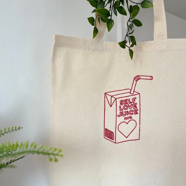 Self Love Juice Box Embroidered Tote Bag | Handmade Gift | Reusable Bag |Sustainable 100% Cotton Bag |Long Handle Shoulder Bag |Eco Friendly