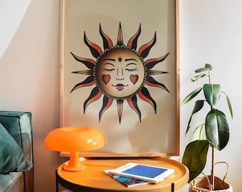 Whimsical Sun Traditional Tattoo Print Poster, Living Room Wall Print, Bedroom Wall Decor, Dopamine Decor, Portrait Art, Tattoo Studio