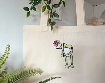 Flower Frog Embroidered Tote Bag | Handmade Gift | Reusable Bag | Sustainable 100% Cotton Bag | Long Handle Shoulder Bag | Eco Friendly