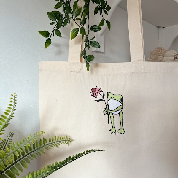 Flower Frog Embroidered Tote Bag | Handmade Gift | Reusable Bag | Sustainable 100% Cotton Bag | Long Handle Shoulder Bag | Eco Friendly