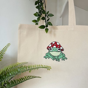 Matschige Frosch Bestickte Einkaufstasche | Handgemachtes Geschenk | Wiederverwendbare Tasche | Nachhaltige Tasche aus 100% Baumwolle | Schultertasche mit langem Henkel | Umweltfreundlich