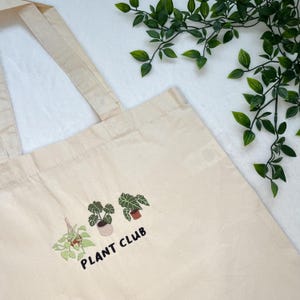 Plant Club bestickte Tragetasche | Handgefertigtes Geschenk | Wiederverwendbare Tasche | Nachhaltige Baumwoll-Tasche | Lange Henkel Umhängetasche | Umweltfreundlich